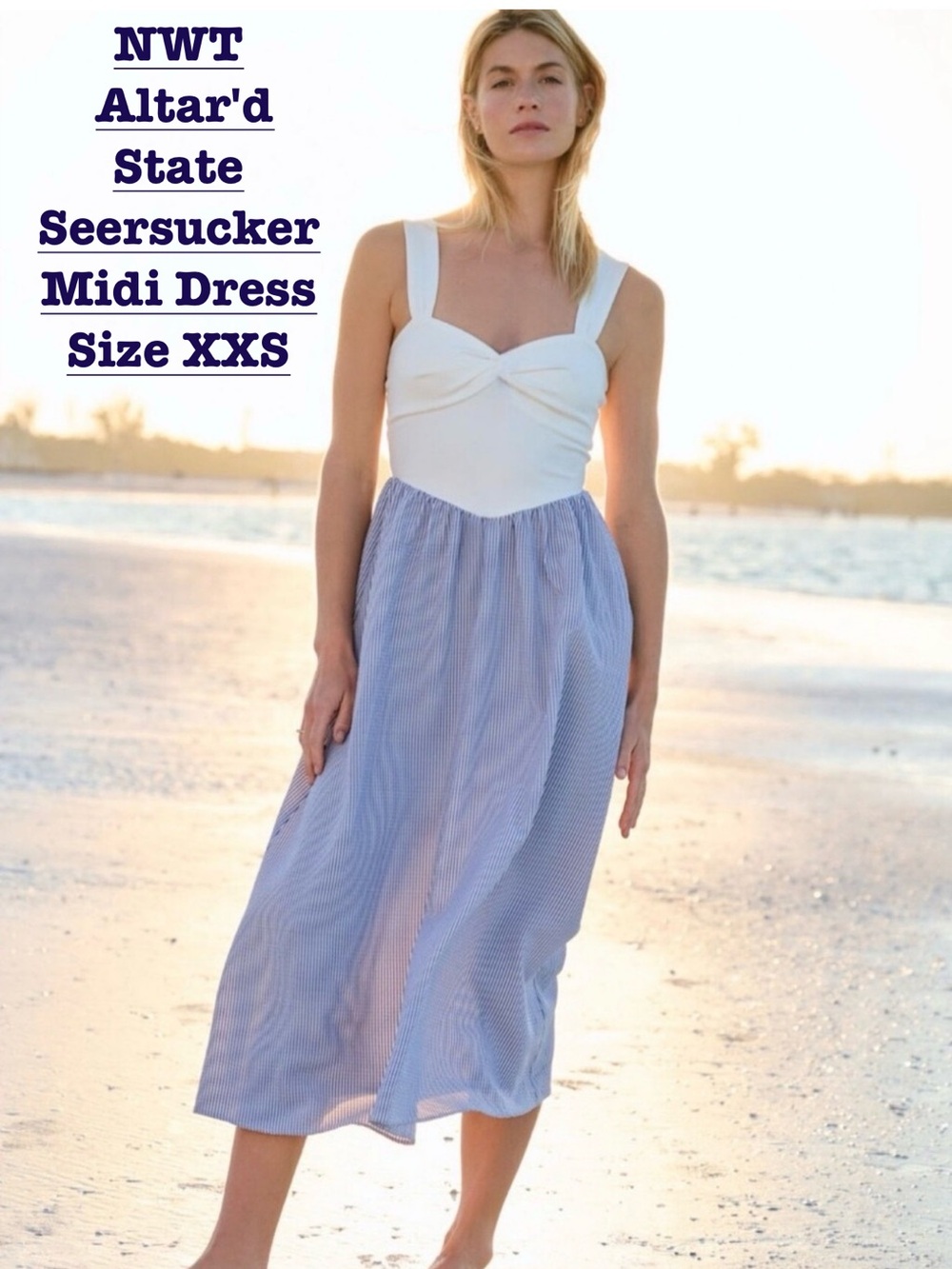 NWT Altar'd State Seersucker Midi Dress w/ Pockets, Blue & White -
Size XXS